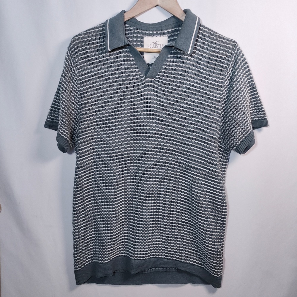 Hollister Sweater Men's XL Textured Knit Short Sleeve Blue Teal Heather V-Neck